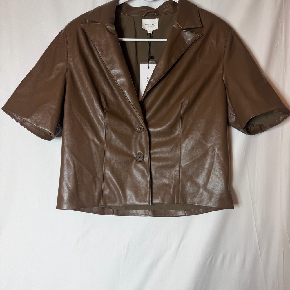 sundays Brown Short-Sleeve Faux Leather Blazer